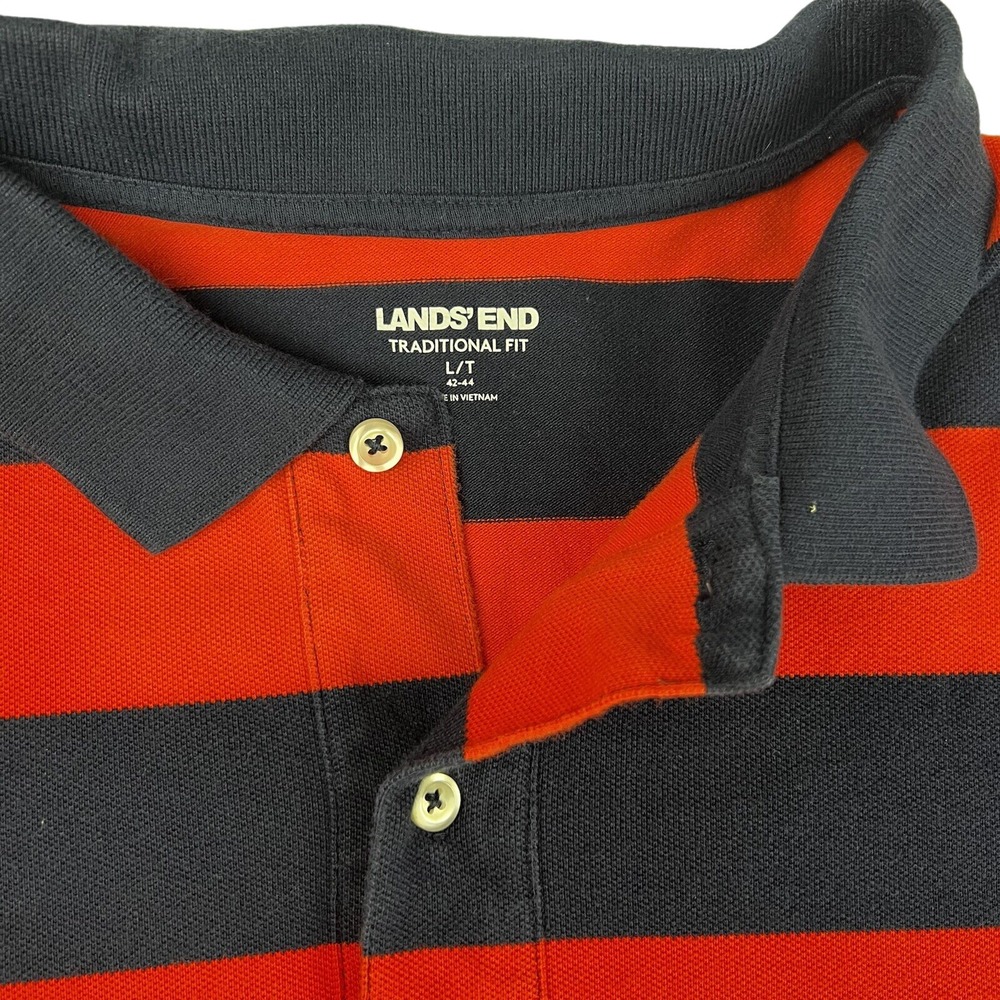 Lands' End Men L Tall Polo Shirt Red Navy Striped Golf Nautical Dark Prep Sporty - Picture 3 of 12